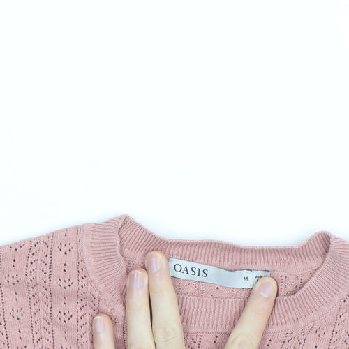 Oasis Women Pink Short Sleeve Cable-Knit Jumper Size M
