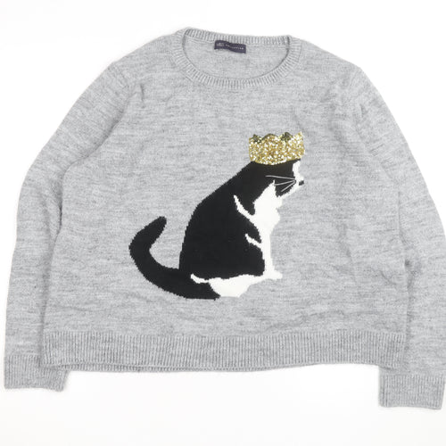 Marks and Spencer Women Grey Cat Sequin Wool Jumper XL