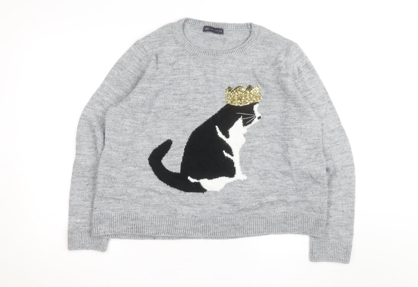Marks and Spencer Women Grey Cat Sequin Wool Jumper XL