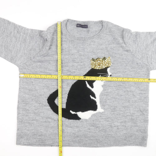 Marks and Spencer Women Grey Cat Sequin Wool Jumper XL