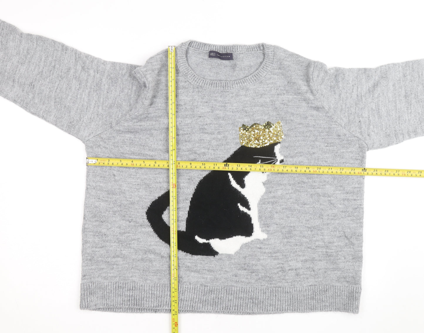 Marks and Spencer Women Grey Cat Sequin Wool Jumper XL