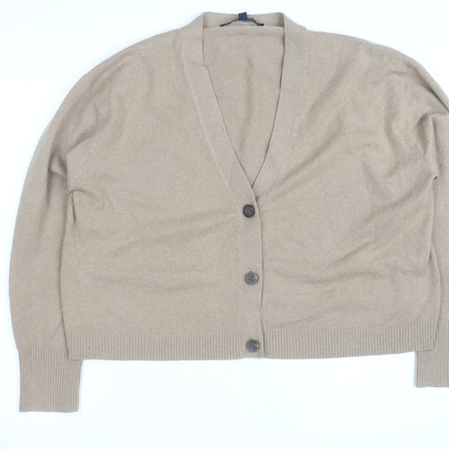 French Connection Women Beige Small V-Neck Wool Cardigan