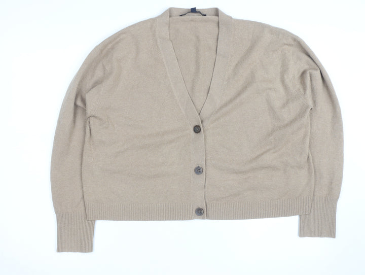 French Connection Women Beige Small V-Neck Wool Cardigan
