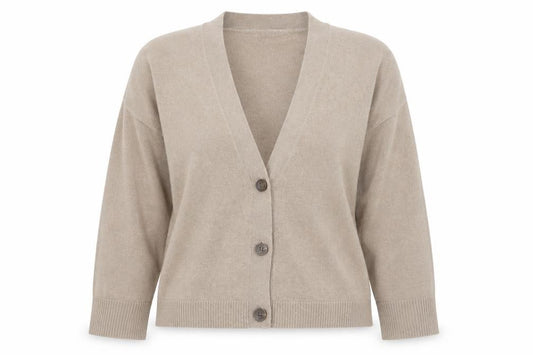 Front view of French Connection Women Beige Small V-Neck Wool Cardigan
