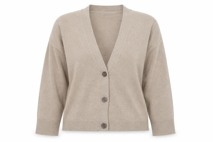 French Connection Women Beige Small V-Neck Wool Cardigan