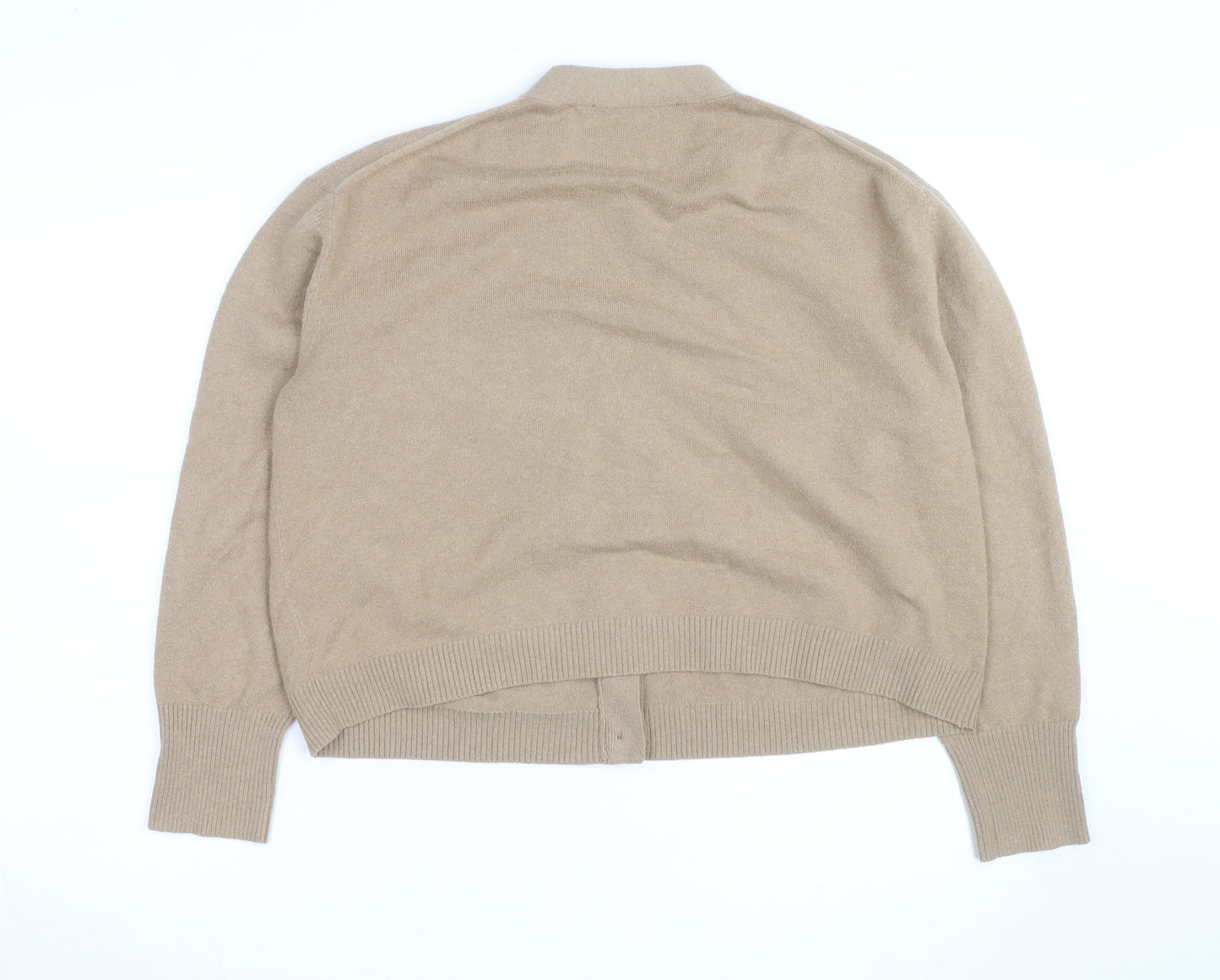 French Connection Women Beige Small V-Neck Wool Cardigan
