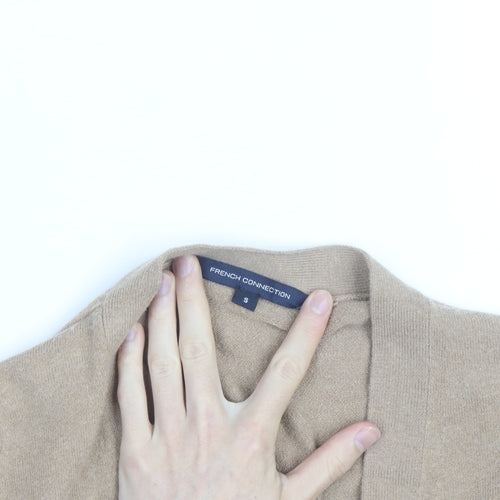 French Connection Women Beige Small V-Neck Wool Cardigan