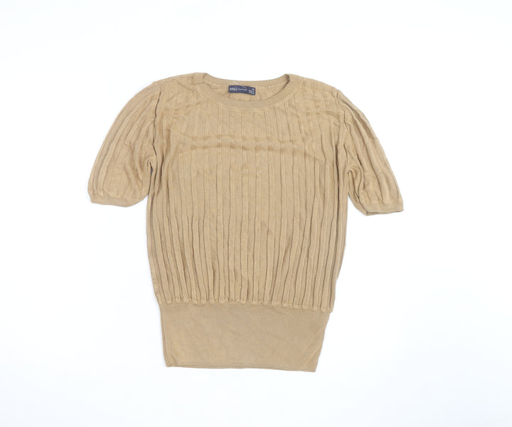 Marks and Spencer Women Beige Cable Knit Short Sleeve Jumper Size 10
