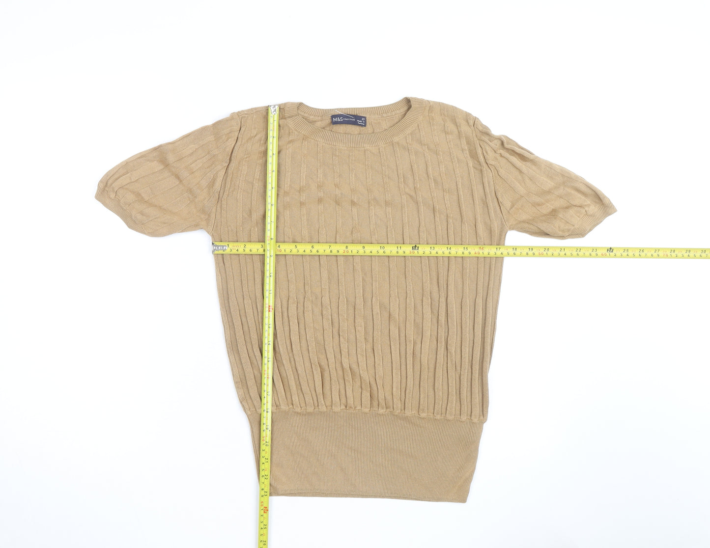 Marks and Spencer Women Beige Cable Knit Short Sleeve Jumper Size 10