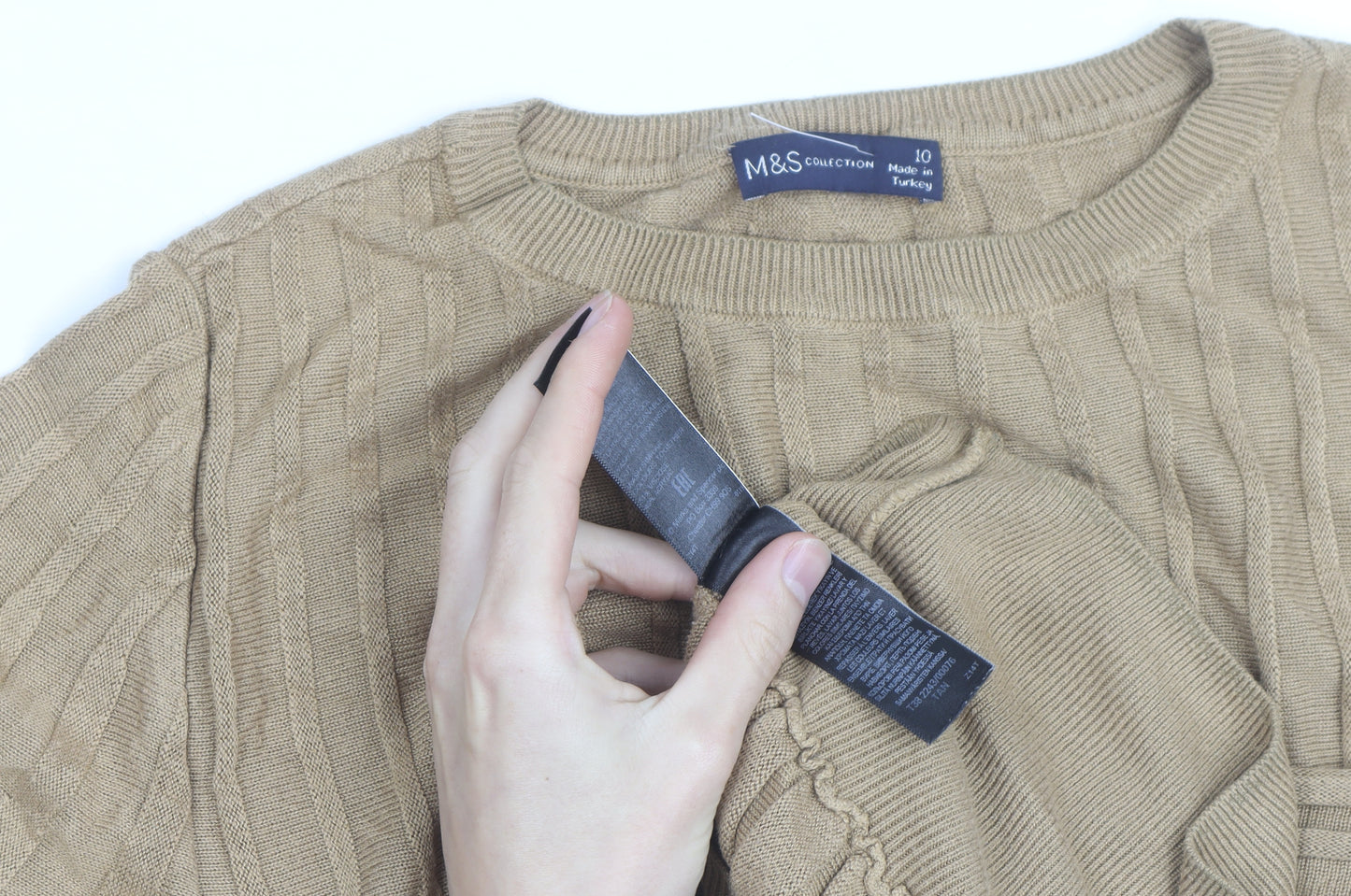 Marks and Spencer Women Beige Cable Knit Short Sleeve Jumper Size 10