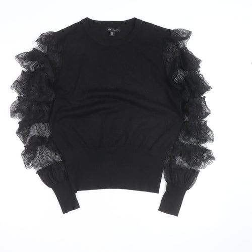 QED London Womens Black Ruffle Sleeve Crew Neck Pullover Jumper Size M