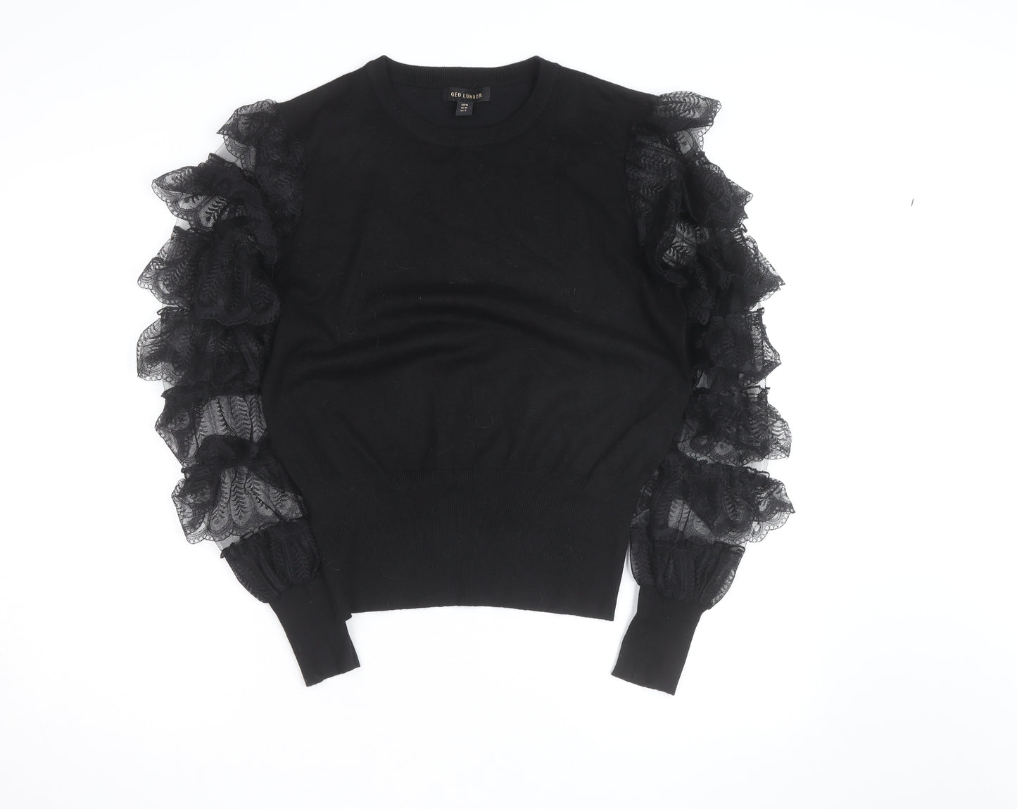 QED London Womens Black Ruffle Sleeve Crew Neck Pullover Jumper Size M