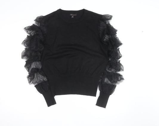 QED London Womens Black Ruffle Sleeve Crew Neck Pullover Jumper Size M