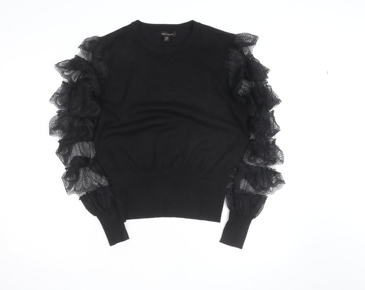 QED London Womens Black Ruffle Sleeve Crew Neck Pullover Jumper Size M
