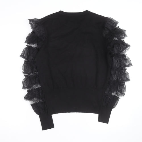 QED London Womens Black Ruffle Sleeve Crew Neck Pullover Jumper Size M
