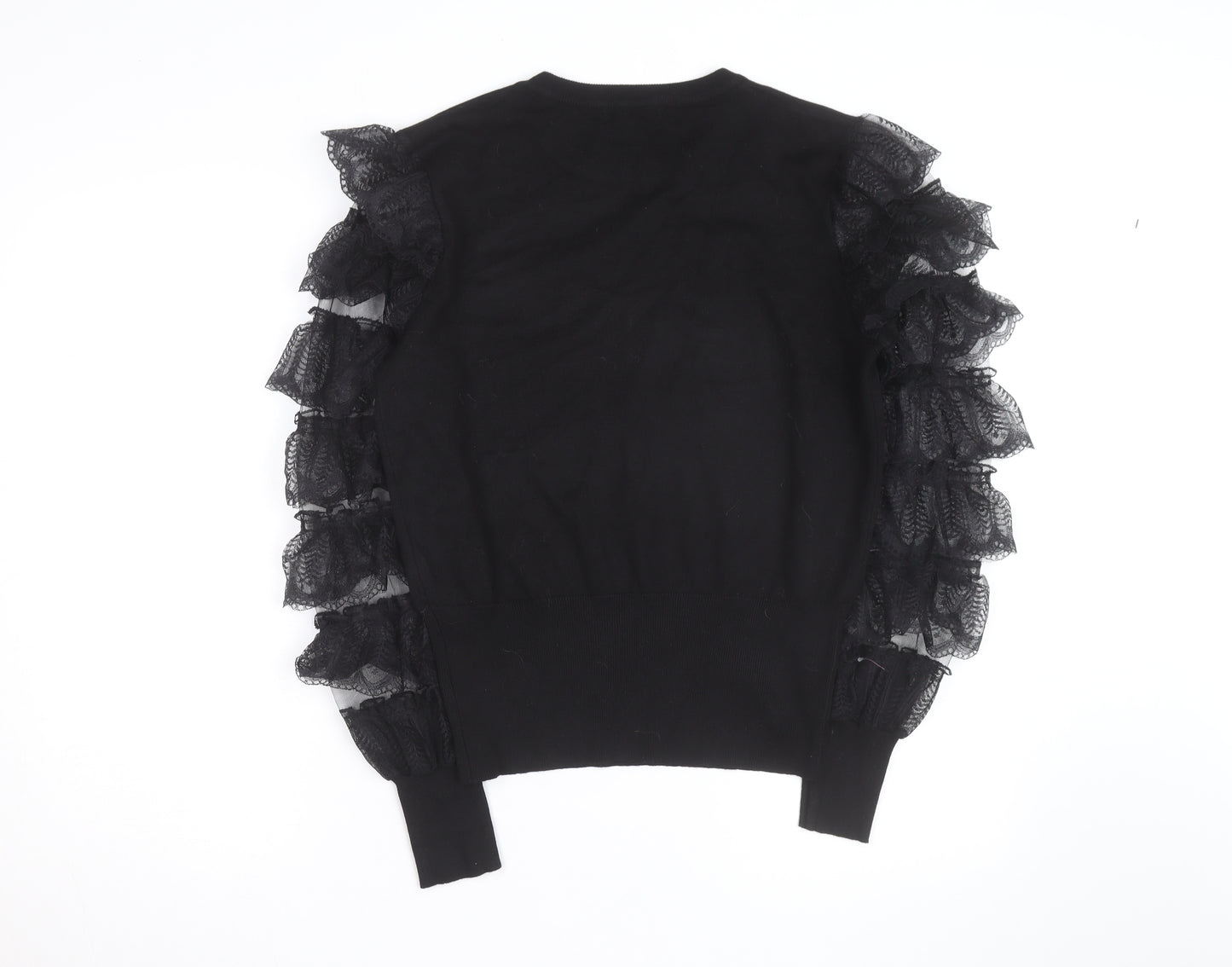 QED London Womens Black Ruffle Sleeve Crew Neck Pullover Jumper Size M