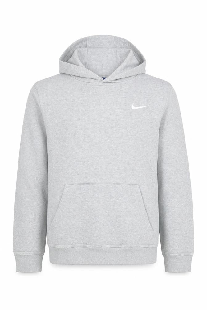 Front view of Nike boys’ grey pullover hoodie, size L, cotton blend hooded sweatshirt