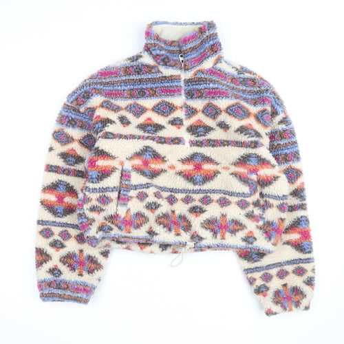 Pull&Bear Women Beige Patterned Fleece 1/2 Zip Pullover Sweatshirt Size S