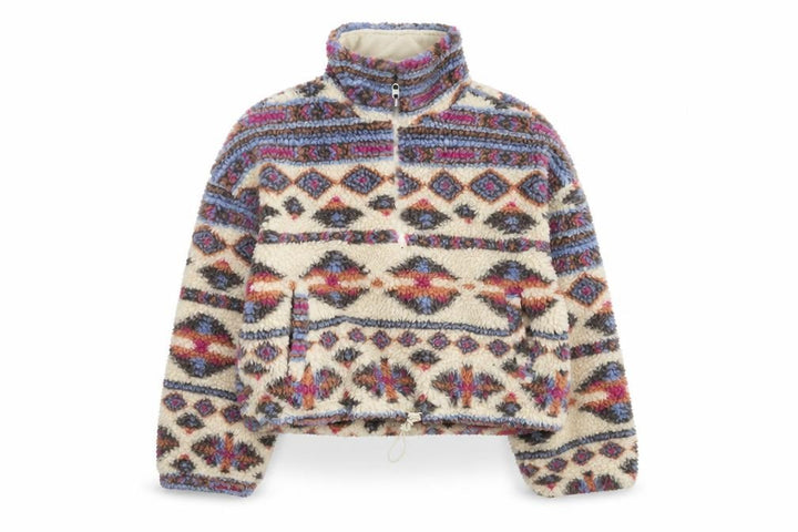 Pull&Bear Women Beige Patterned Fleece 1/2 Zip Pullover Sweatshirt Size S