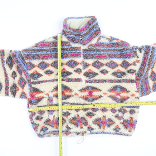 Pull&Bear Women Beige Patterned Fleece 1/2 Zip Pullover Sweatshirt Size S