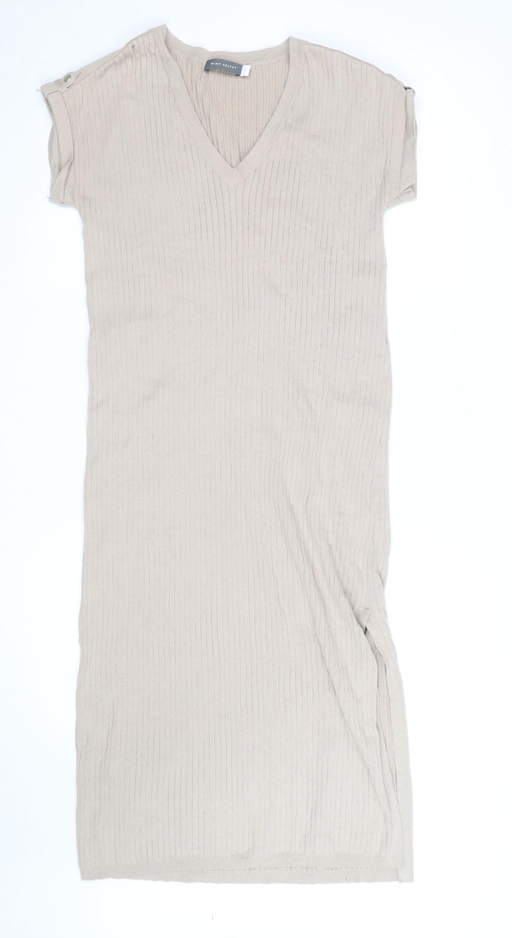 Mint Velvet Womens Beige Knit V-Neck T-Shirt Dress M