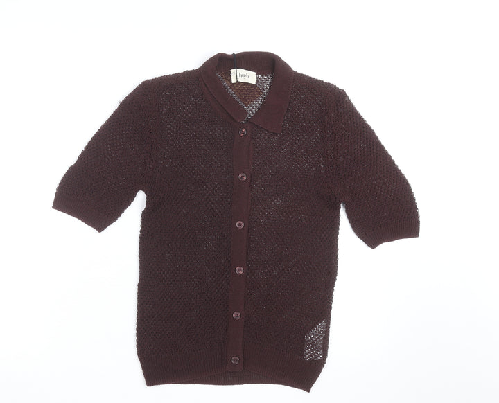 Hush Women’s Brown Collared Open-Knit Short Sleeve Cardigan XS
