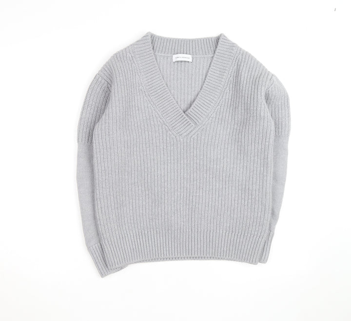 Ninety Percent Men's Grey V-Neck Cotton Cashmere Jumper Size S