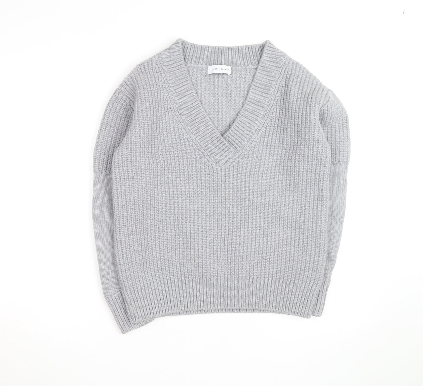 Ninety Percent Men's Grey V-Neck Cotton Cashmere Jumper Size S