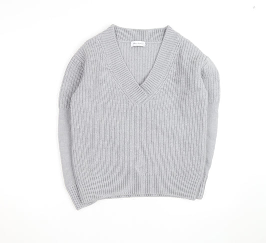Ninety Percent Men's Grey V-Neck Cotton Cashmere Jumper Size S