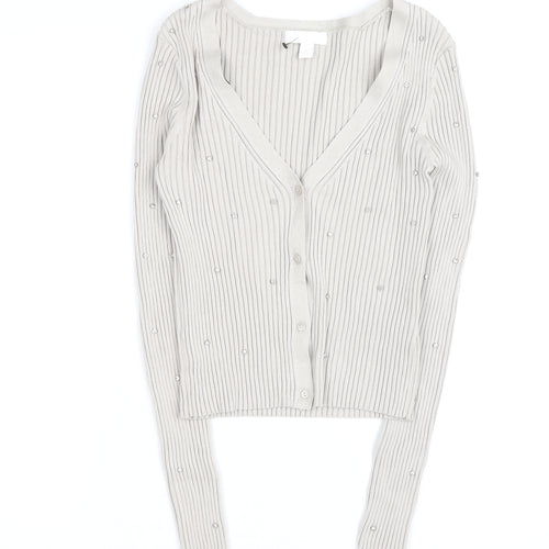 H&M Women’s Beige Beaded Ribbed V-Neck Cardigan Size M