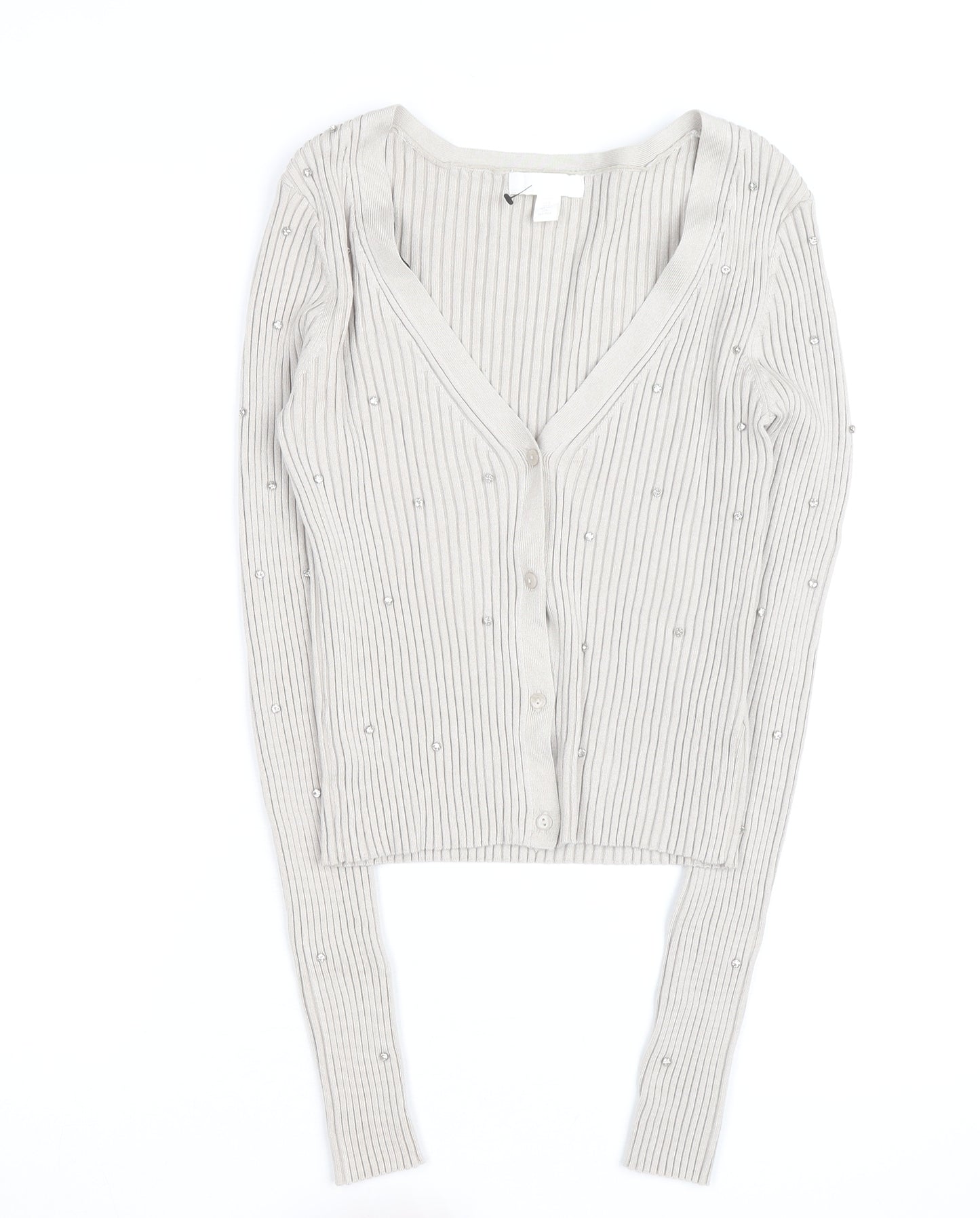 H&M Women’s Beige Beaded Ribbed V-Neck Cardigan Size M