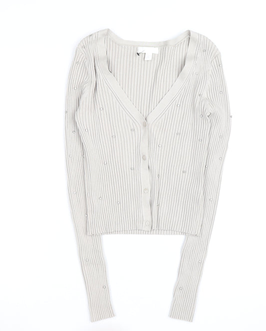 H&M Women’s Beige Beaded Ribbed V-Neck Cardigan Size M