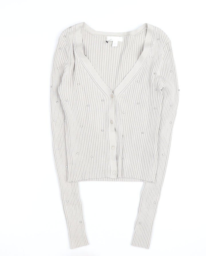 H&M Women’s Beige Beaded Ribbed V-Neck Cardigan Size M