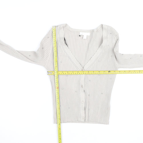 H&M Women’s Beige Beaded Ribbed V-Neck Cardigan Size M