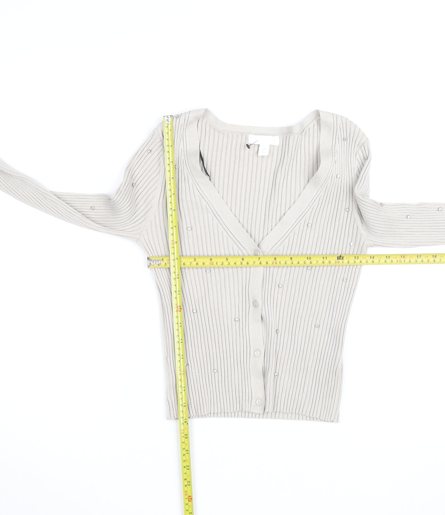 H&M Women’s Beige Beaded Ribbed V-Neck Cardigan Size M