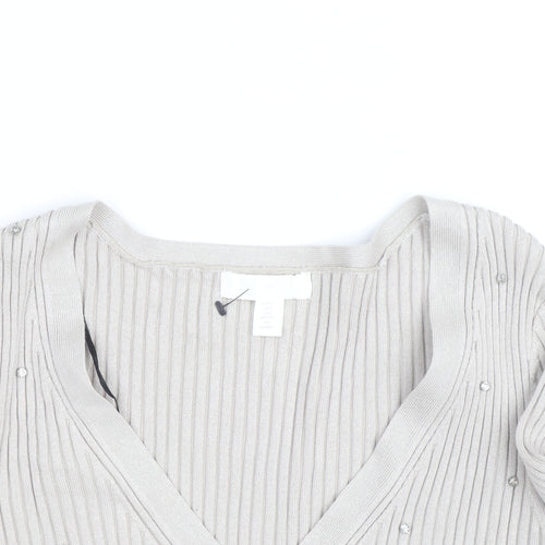 H&M Women’s Beige Beaded Ribbed V-Neck Cardigan Size M