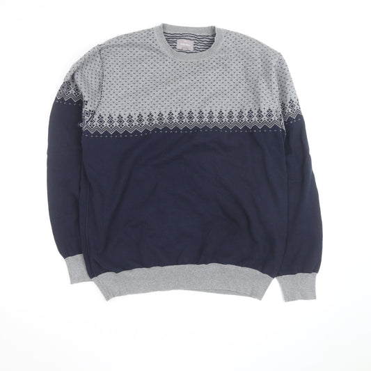 Peter Werth Men’s Blue & Grey Cotton Fair Isle Crew Neck Jumper XXL