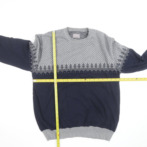 Peter Werth Men’s Blue & Grey Cotton Fair Isle Crew Neck Jumper XXL