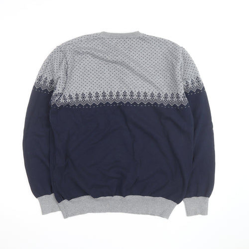Peter Werth Men’s Blue & Grey Cotton Fair Isle Crew Neck Jumper XXL