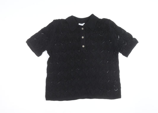 Reiss Men’s Black Knitted Short Sleeve Collared Polo Shirt L