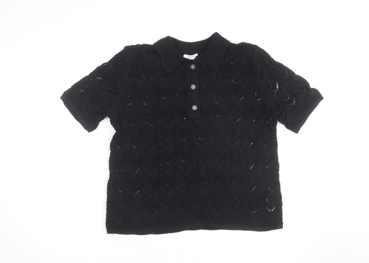Reiss Men’s Black Knitted Short Sleeve Collared Polo Shirt L