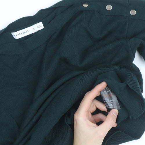 Warehouse Women Green Long Sleeve Boat Neck Button Jumper L