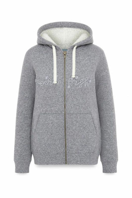 Front view of Weird Fish Women's Grey Full Zip Hoodie, size 8, Sherpa Lined