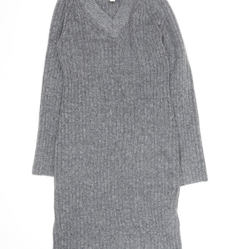 H&M Women’s Grey Knit V-Neck Long Sleeve Jumper Dress Size M