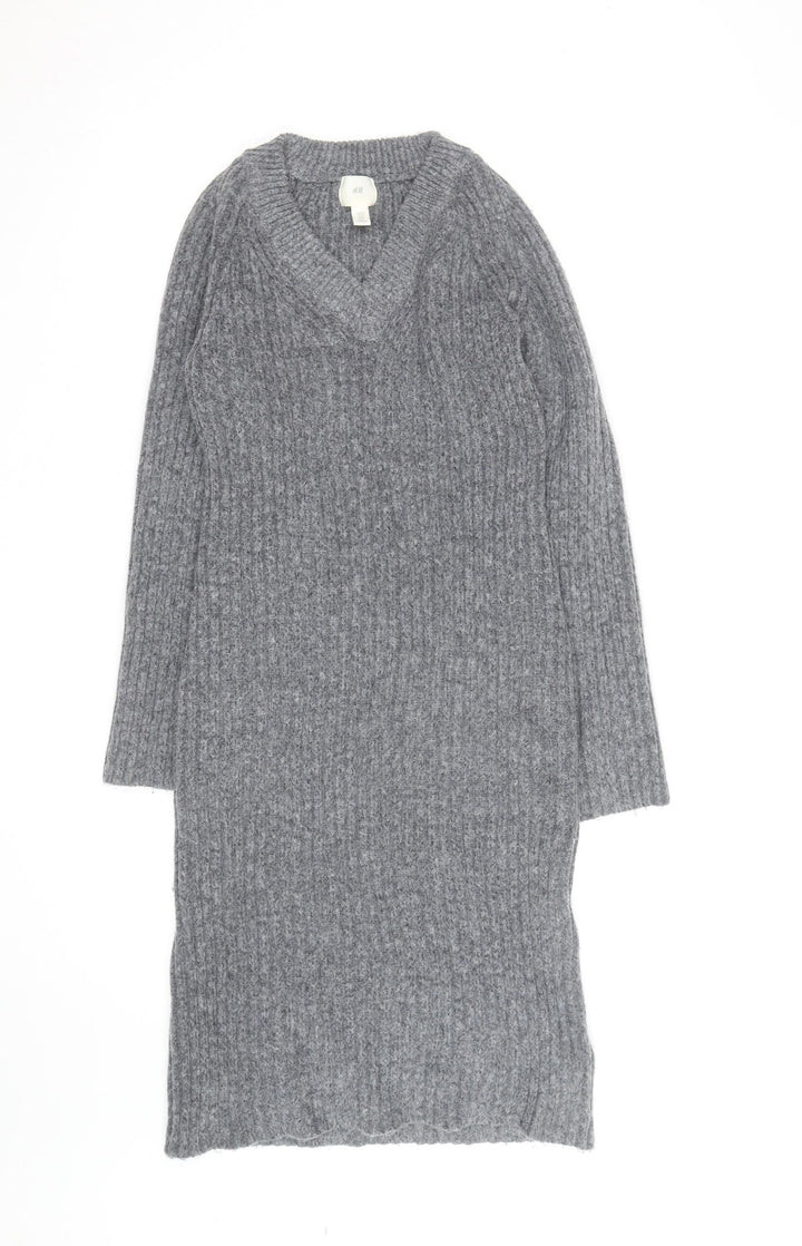 H&M Women’s Grey Knit V-Neck Long Sleeve Jumper Dress Size M