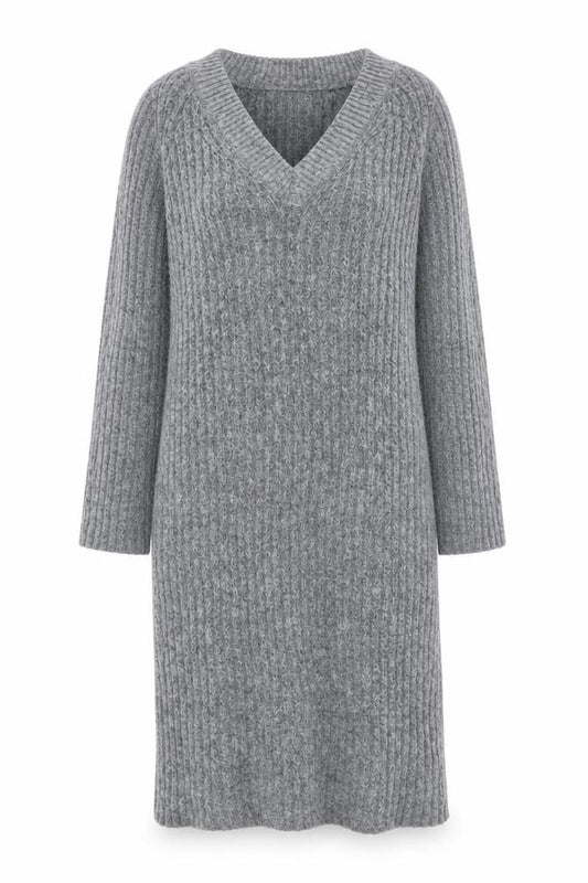 Front view of H&M Women’s Grey Knit V-Neck Long Sleeve Jumper Dress, size M
