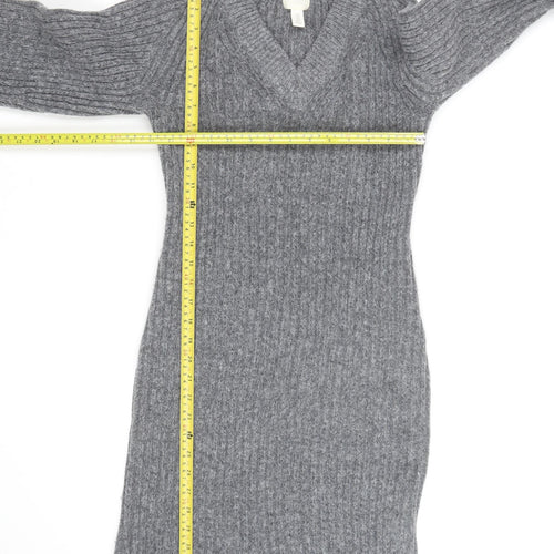 H&M Women’s Grey Knit V-Neck Long Sleeve Jumper Dress Size M