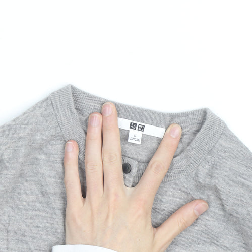 Uniqlo Men's Grey Wool Crew Neck Button Cardigan Size L
