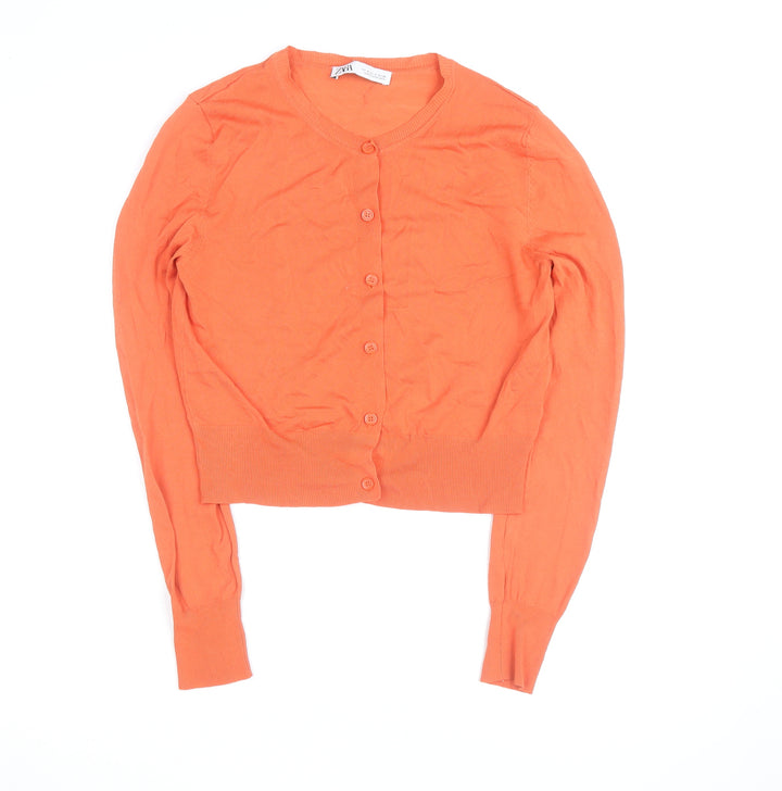ZARA Women Orange Crew Neck Button Cardigan Size S