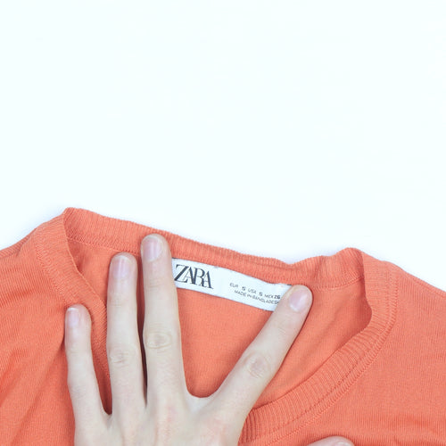ZARA Women Orange Crew Neck Button Cardigan Size S